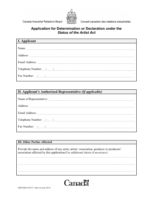 Application for Determination or Declaration Under the Status of the Artist Act - Canada Download Pdf
