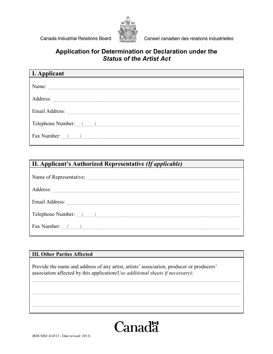 Application for Determination or Declaration Under the Status of the Artist Act - Canada, Page 1