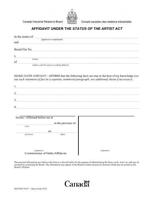 Affidavit Under the Status of the Artist Act - Canada Download Pdf