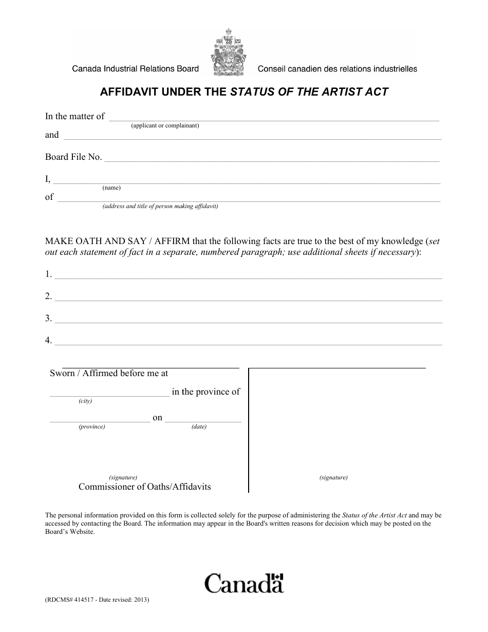 Affidavit Under the Status of the Artist Act - Canada, Page 1
