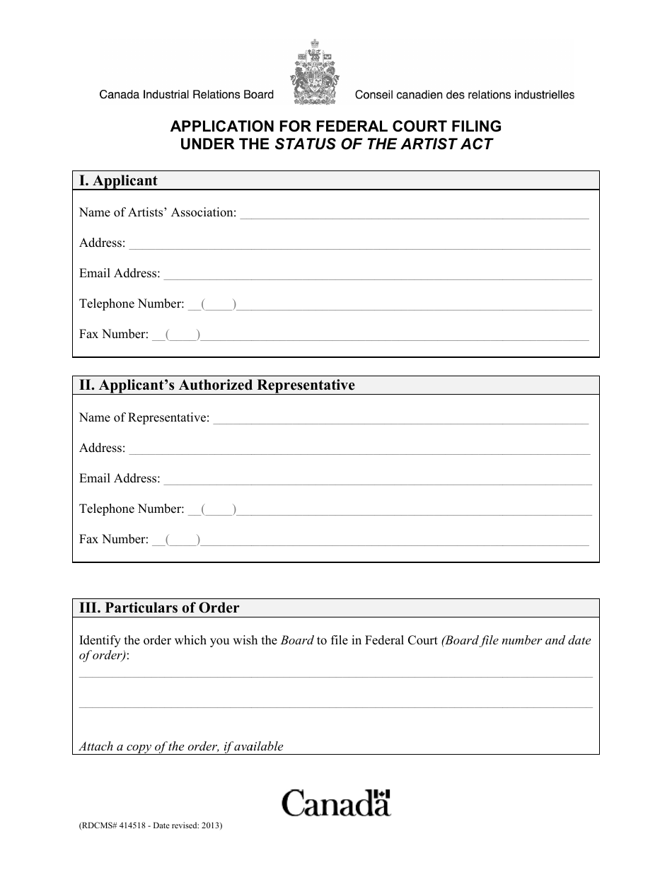 Application for Federal Court Filing Under the Status of the Artist Act - Canada, Page 1