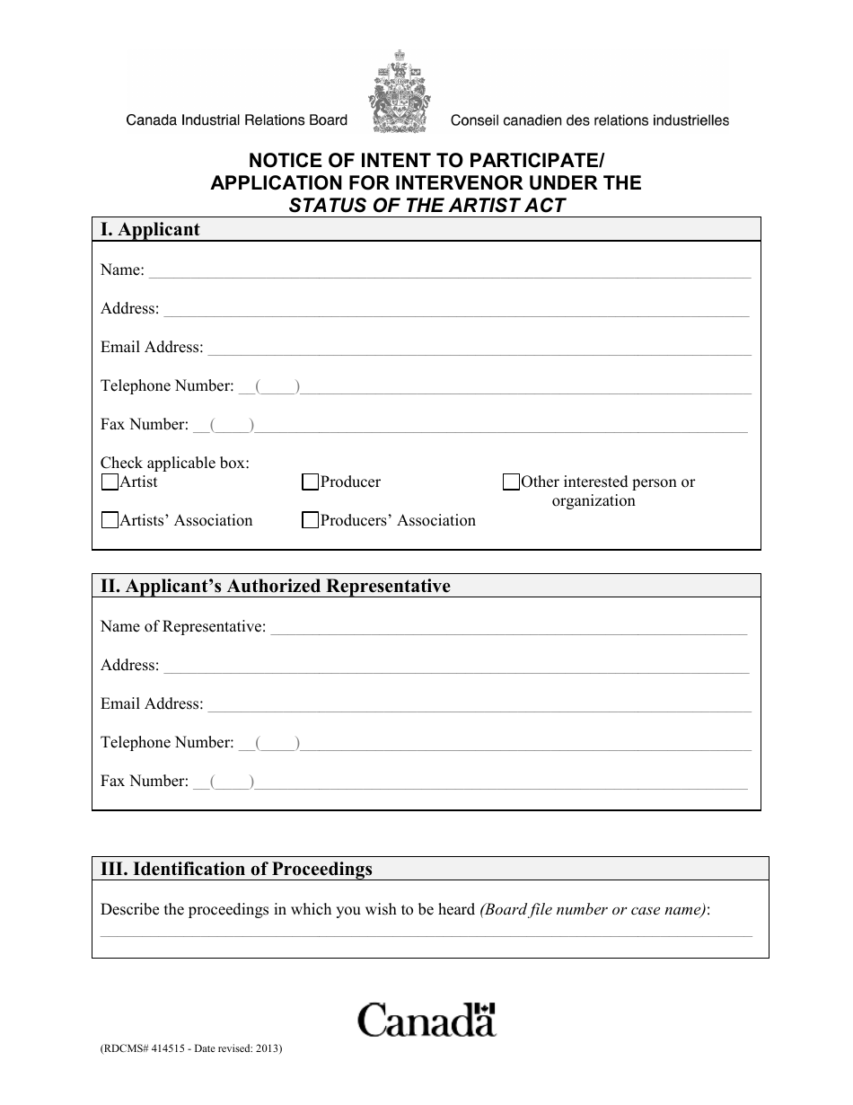Notice of Intent to Participate / Application for Intervenor Under the Status of the Artist Act - Canada, Page 1