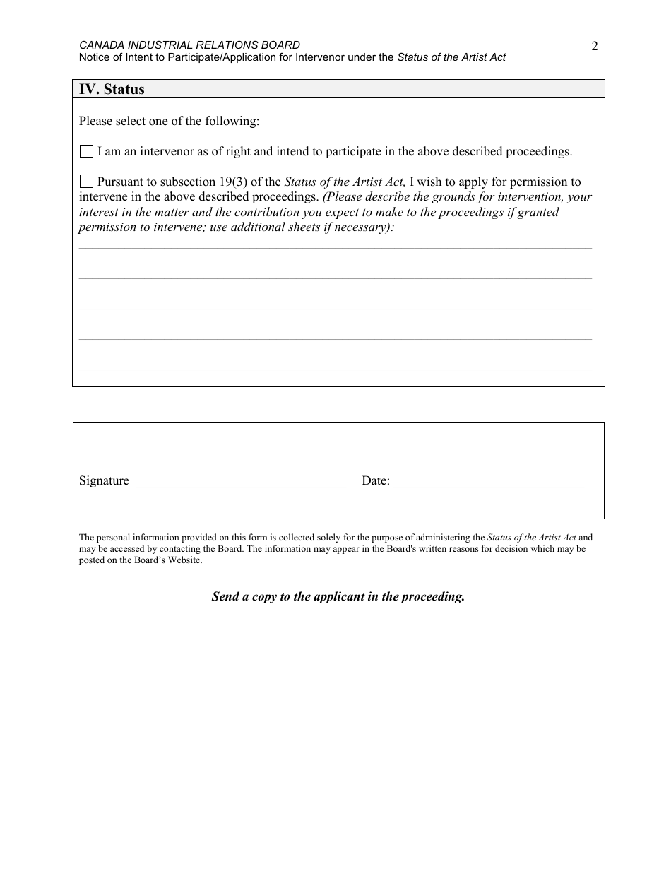 Notice of Intent to Participate / Application for Intervenor Under the Status of the Artist Act - Canada, Page 2
