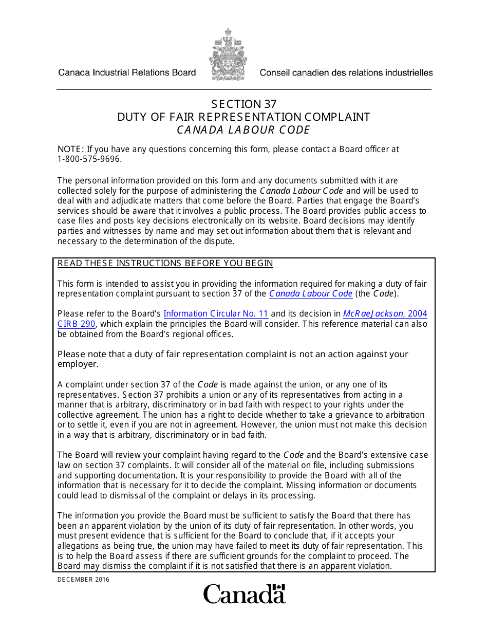 Section 37 Duty of Fair Representation Complaint - Canada, Page 1