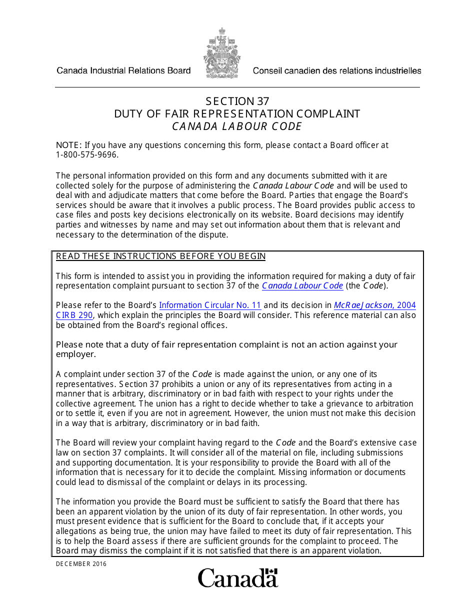 Canada Duty of Fair Representation Complaint Fill Out, Sign Online