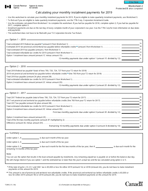 Form T2WS2 Worksheet 2 Calculating Your Monthly Instalment Payments - Canada, 2019