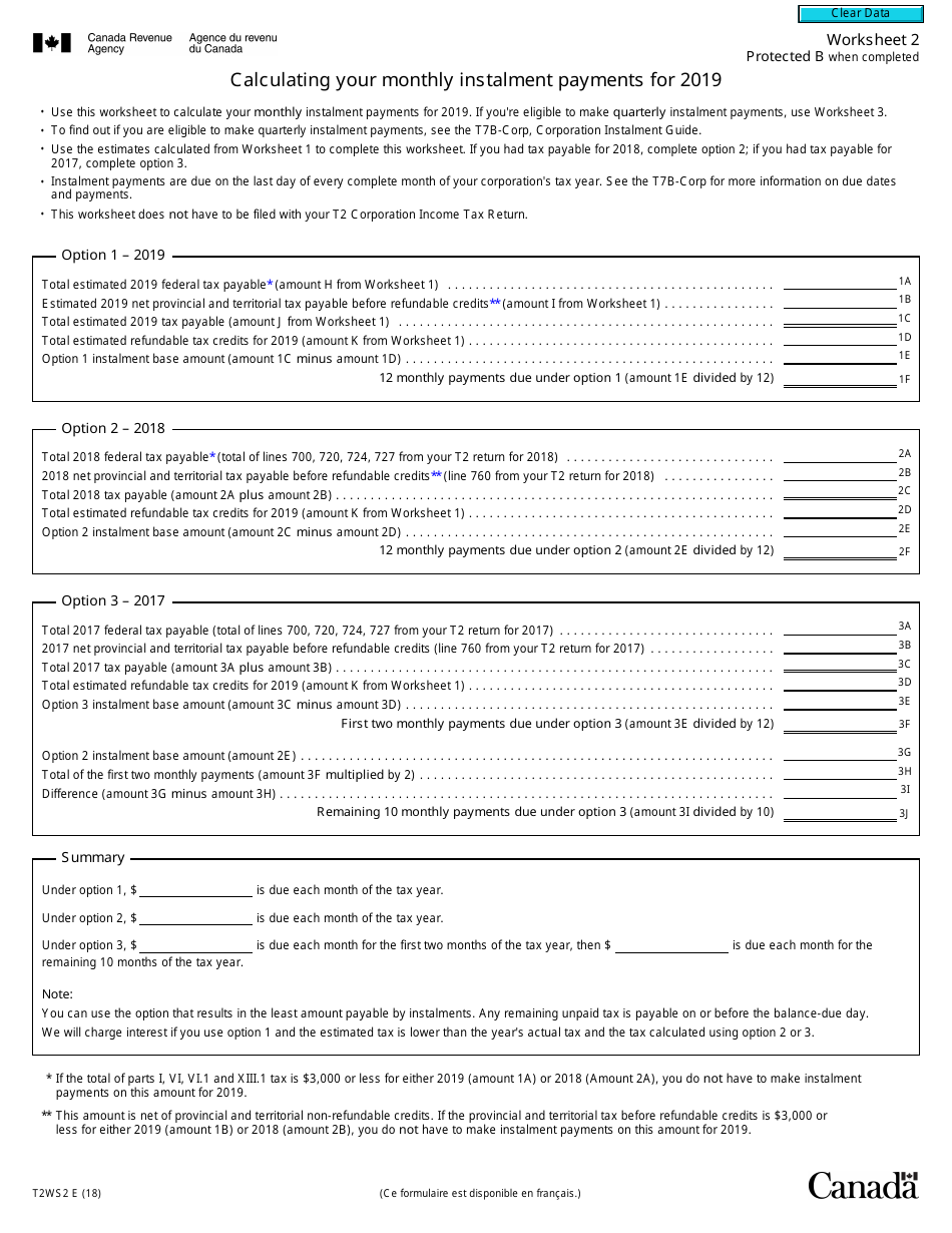Form T2WS2 Worksheet 2 Calculating Your Monthly Instalment Payments - Canada, Page 1