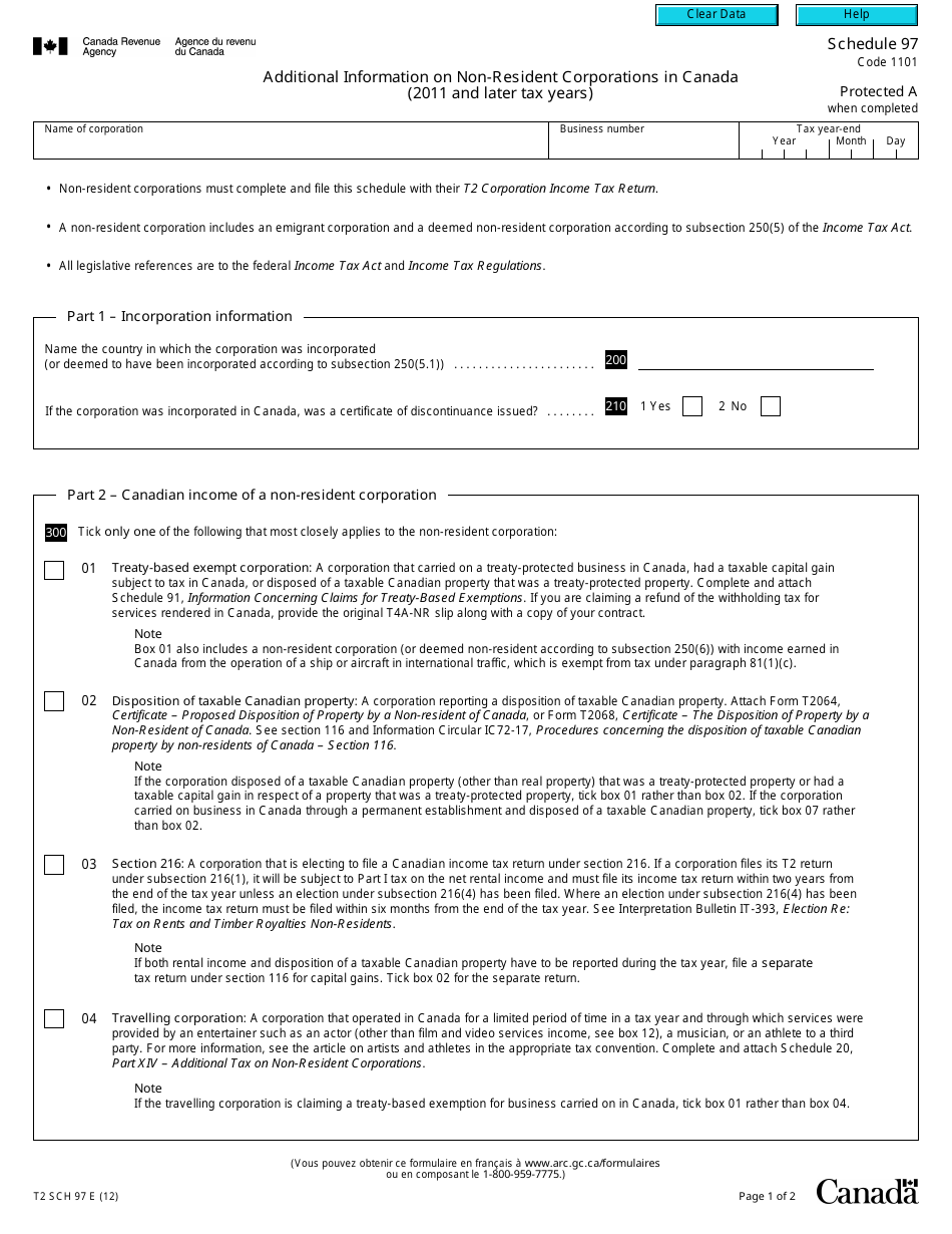 Form T2 Schedule 97 Additional Information on Non-resident Corporations in Canada (2011 and Later Tax Years) - Canada, Page 1