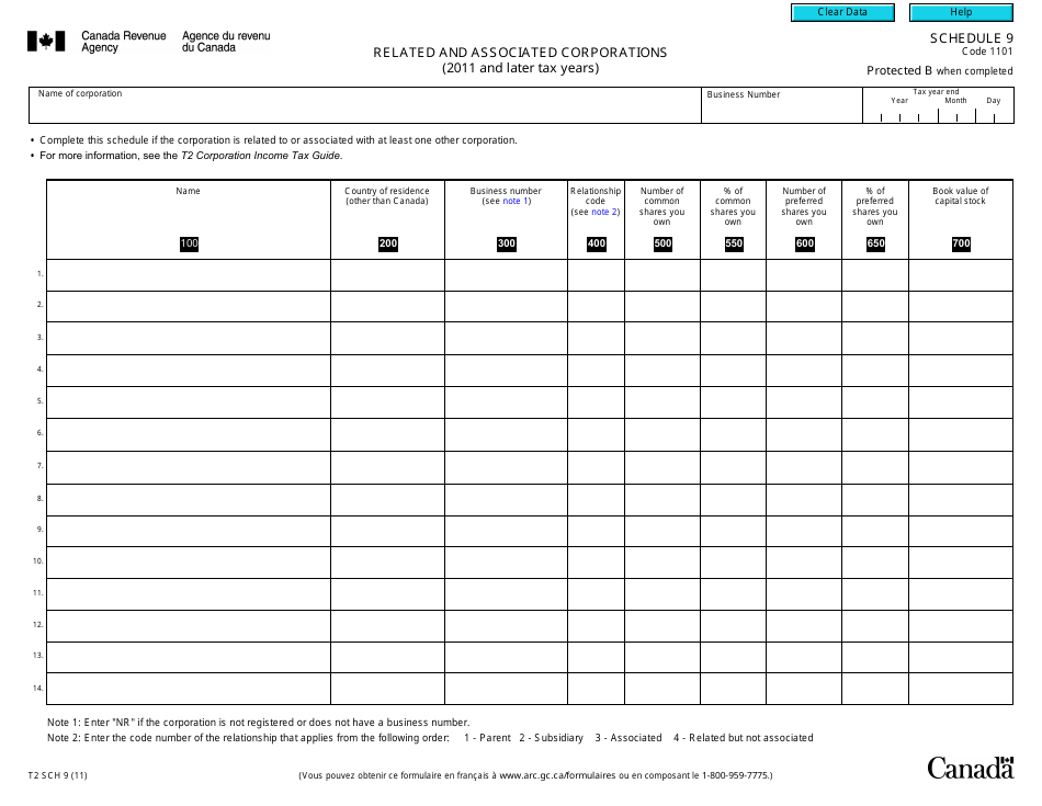 Form T2 Schedule 9 Related and Associated Corporations (2011 and Later Tax Years) - Canada, Page 1