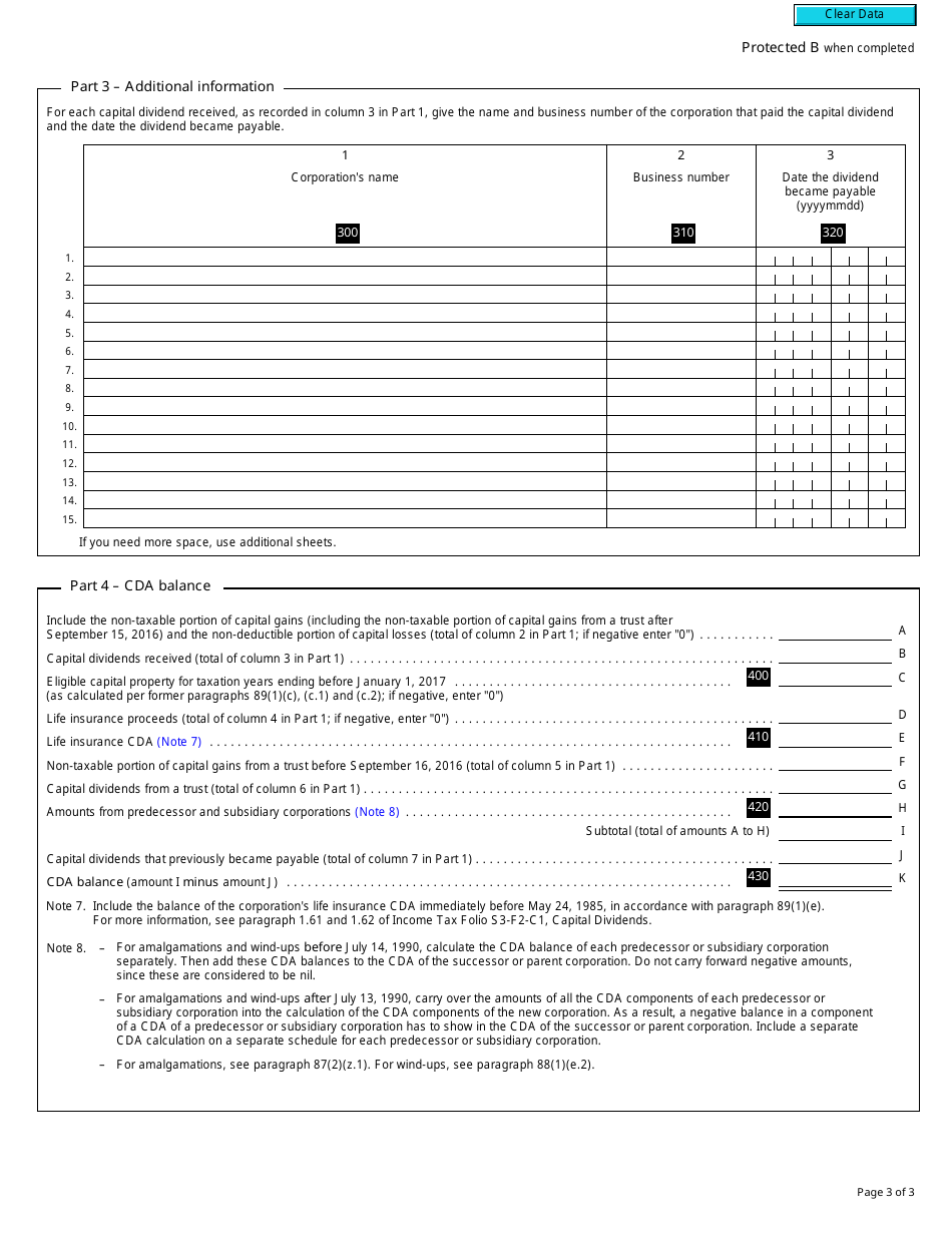 Form T2 Schedule 89 Request for Capital Dividend Account Balance Verification - Canada, Page 3