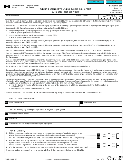 Form T2 Schedule 560  Printable Pdf