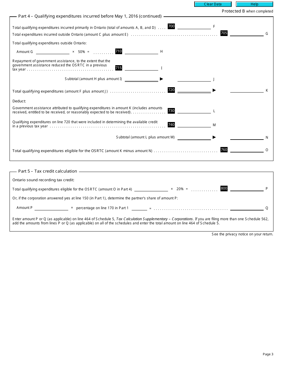 Form T2 Schedule 562 Ontario Sound Recording Tax Credit (2015 and Later Tax Years) - Canada, Page 3
