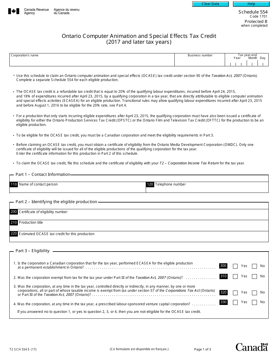 Form T2 Schedule 554 Ontario Computer Animation and Special Effects Tax Credit (2017 and Later Tax Years) - Canada, Page 1