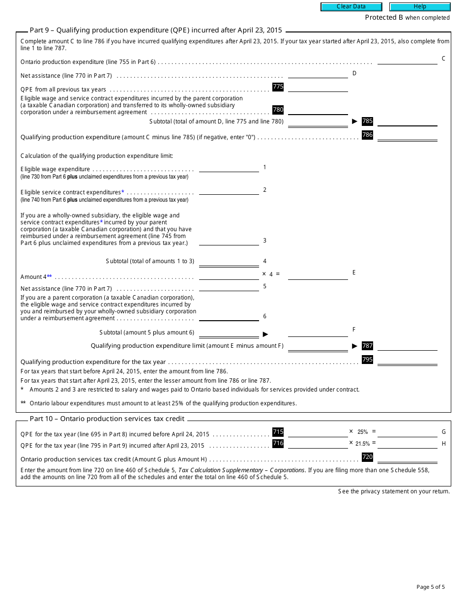 Form T2 Schedule 558 Ontario Production Services Tax Credit (2015 and Later Tax Years) - Canada, Page 5
