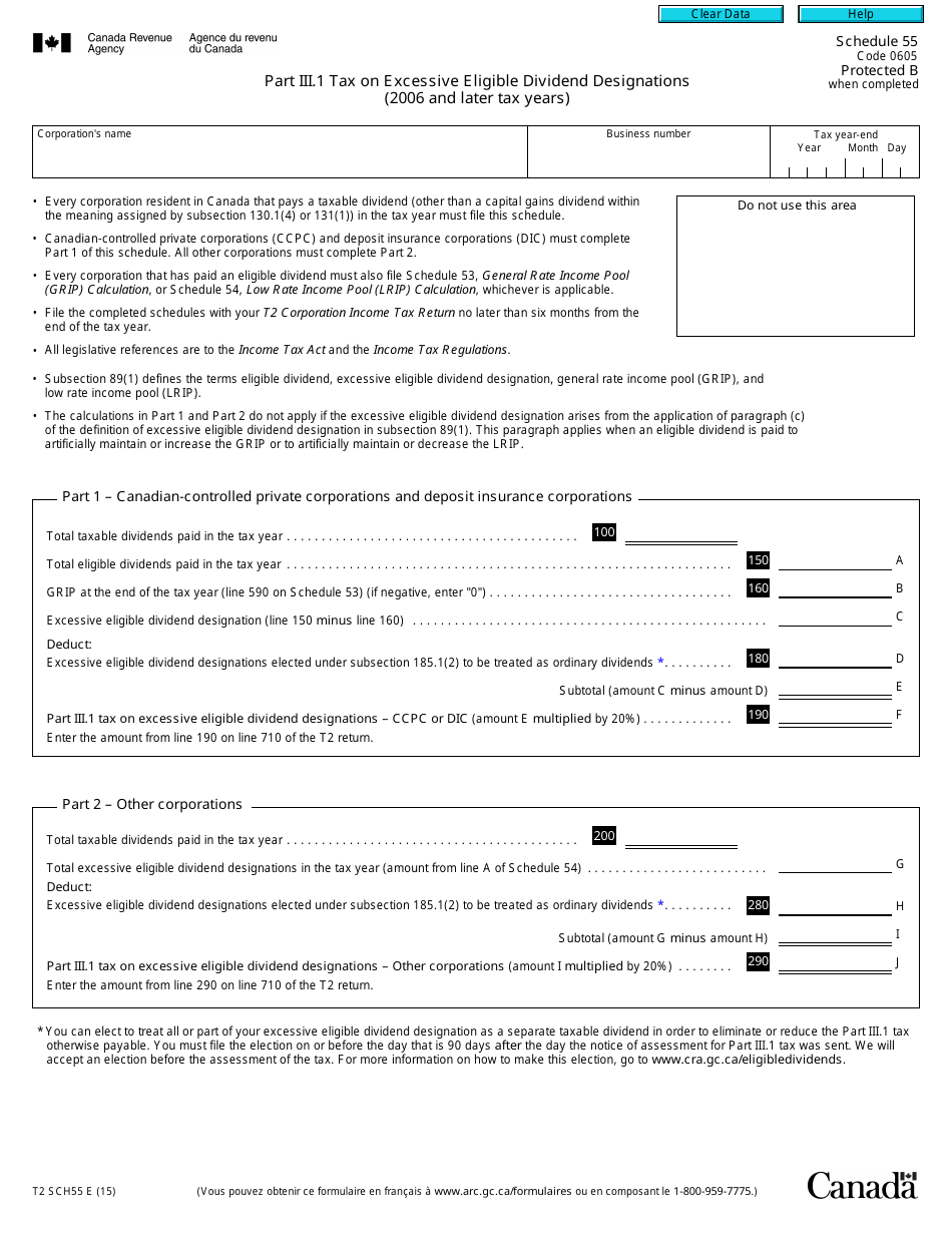 Form T2 Part 55 Part Iii.1 Tax on Excessive Eligible Dividend Designations (2006 and Later Tax Years) - Canada, Page 1