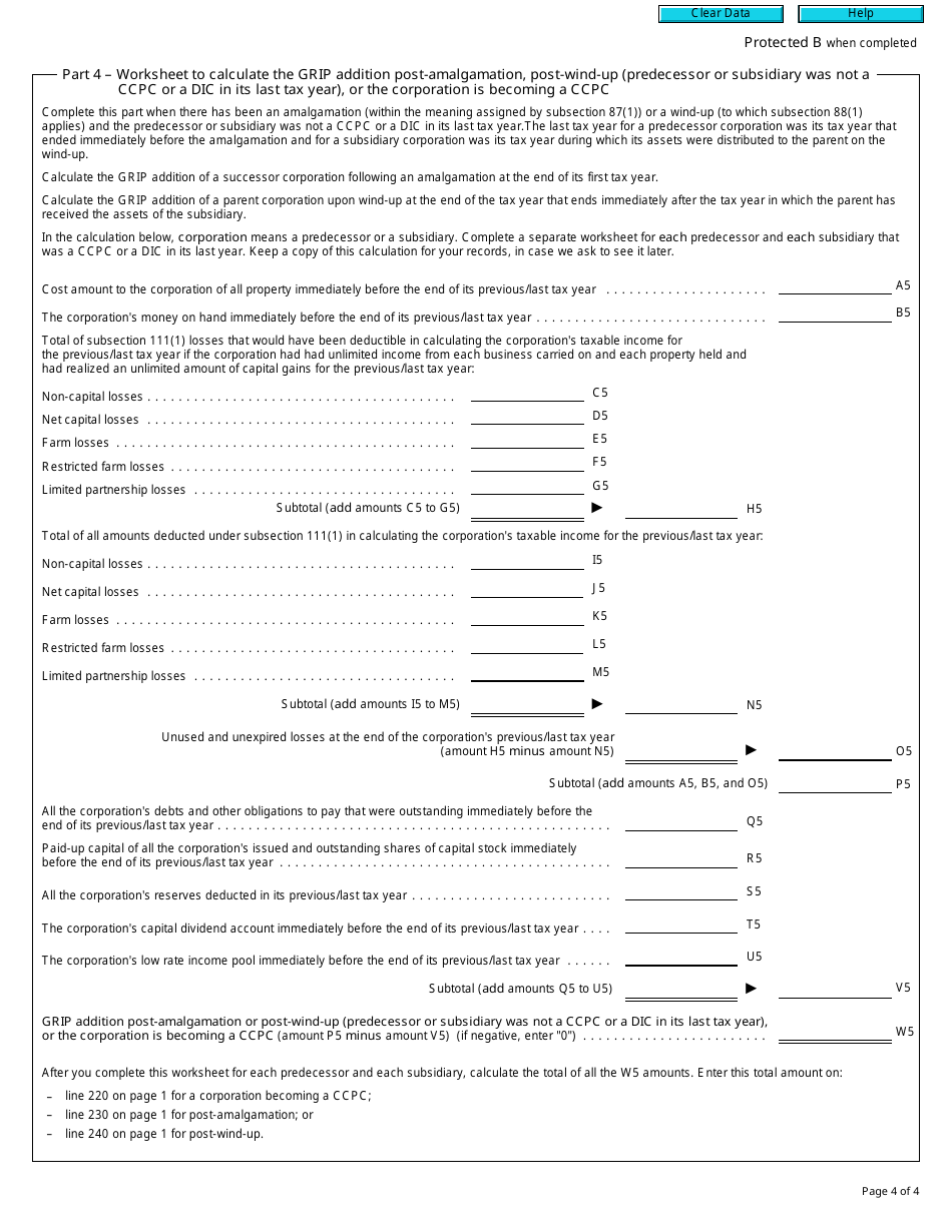 Form T2 Schedule 53 General Rate Income Pool (Grip) Calculation (2016 and Later Tax Years) - Canada, Page 4
