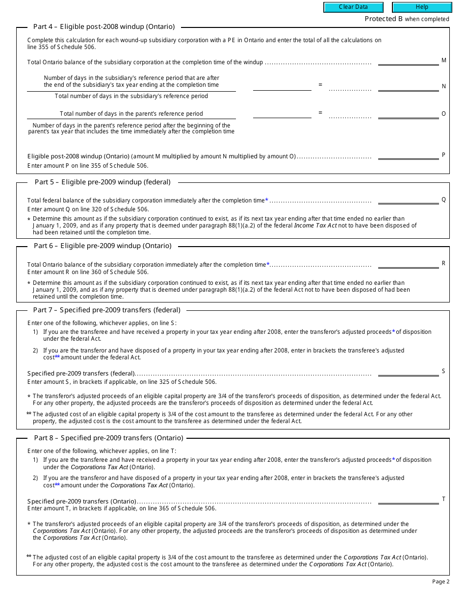 Form T2 Schedule 507 Ontario Transitional Tax Debits and Credits Calculation (2009 and Later Tax Years) - Canada, Page 2