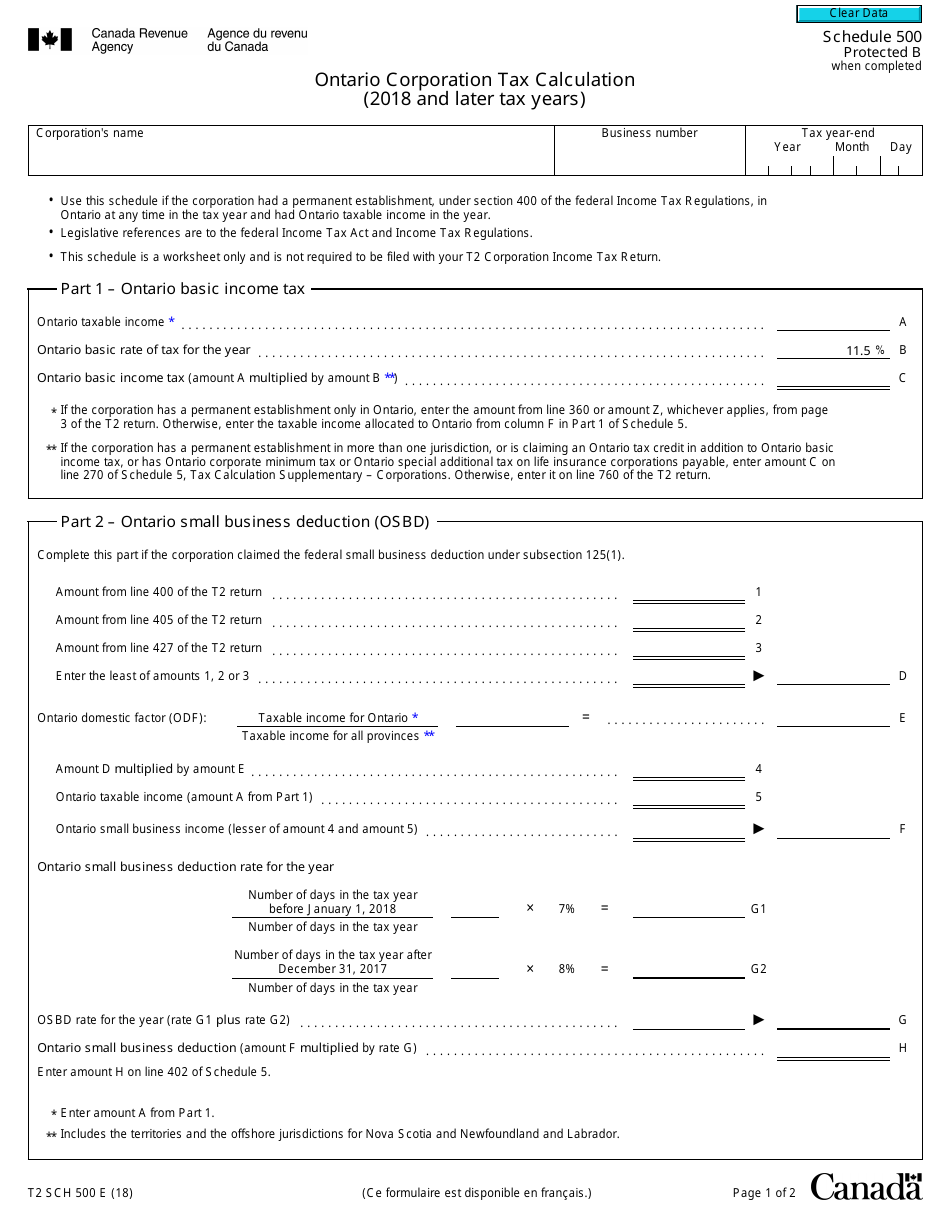 Form T2 Schedule 500 Ontario Corporation Tax Calculation (2018 and Later Tax Years) - Canada, Page 1