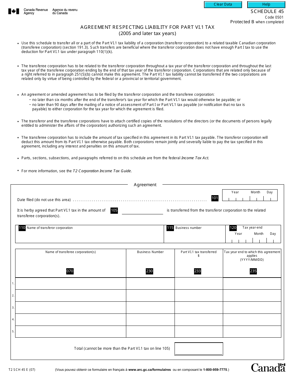 Form T2 Schedule 45 Agreement Respecting Liability for Part VI.1 Tax (2005 and Later Tax Years) - Canada, Page 1