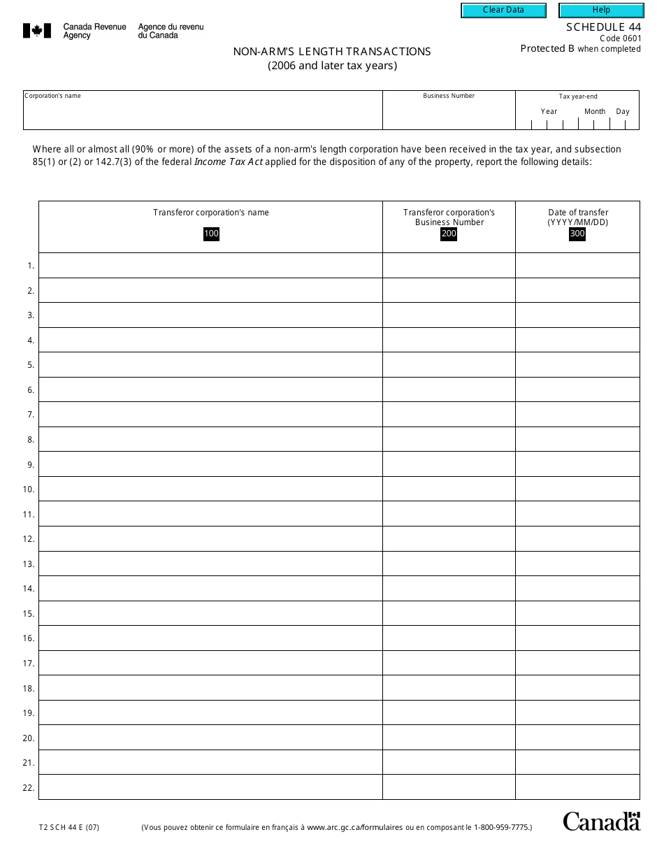 Form T2 Schedule 44 Non-arms Length Transactions (2006 and Later Tax Years) - Canada, Page 1