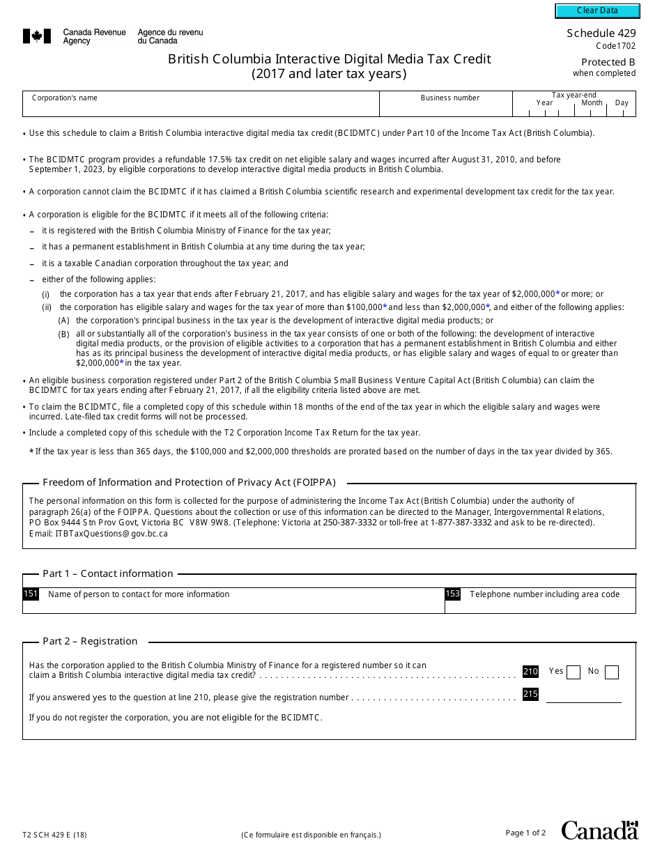 Form T2 Schedule 429 British Columbia Interactive Digital Media Tax Credit (2017 and Later Tax Years) - Canada, Page 1