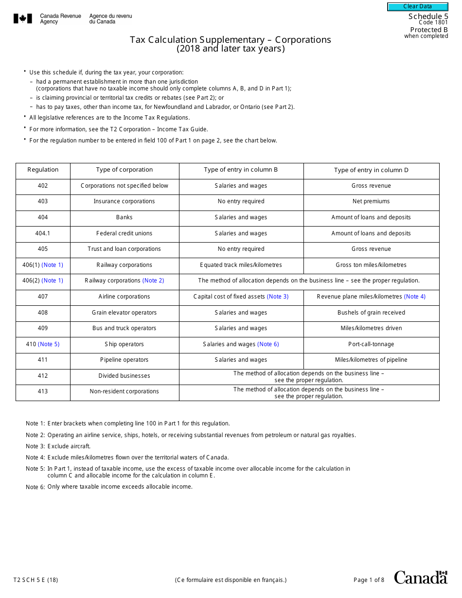 Form T2 Schedule 5 Download Fillable PDF or Fill Online Tax Calculation ...