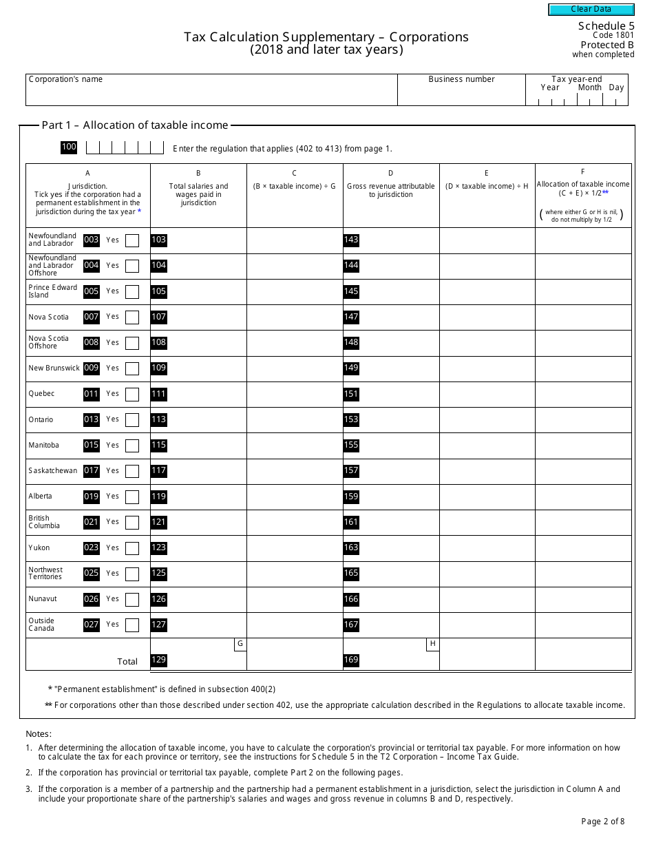 Form T2 Schedule 5 Tax Calculation Supplementary - Corporations (2018 and Later Tax Years) - Canada, Page 2