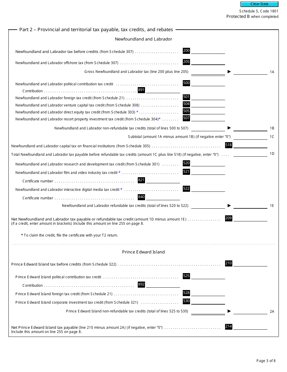 Form T2 Schedule 5 Tax Calculation Supplementary - Corporations (2018 and Later Tax Years) - Canada, Page 3