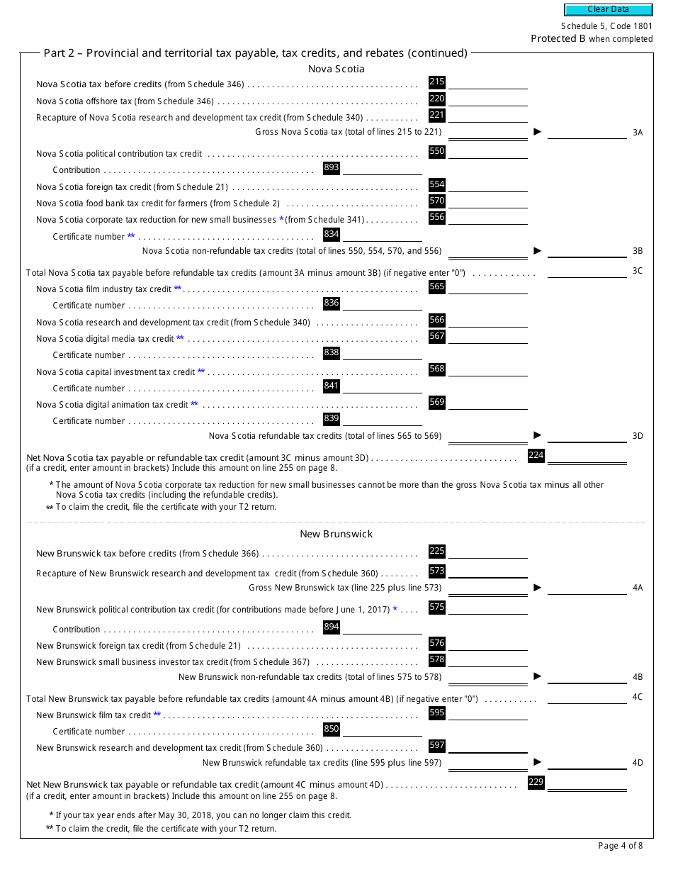 Form T2 Schedule 5 Tax Calculation Supplementary - Corporations (2018 and Later Tax Years) - Canada, Page 4