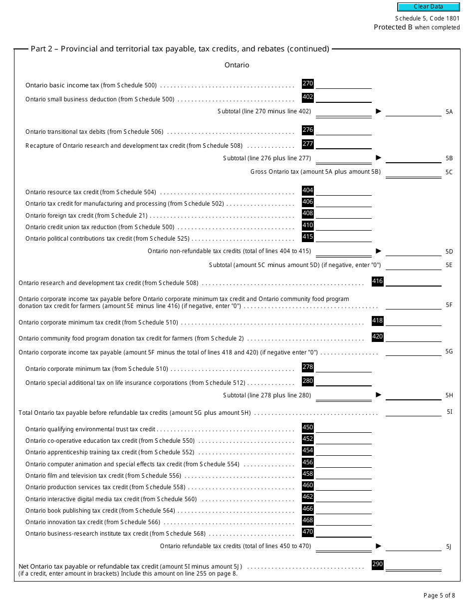 Form T2 Schedule 5 Tax Calculation Supplementary - Corporations (2018 and Later Tax Years) - Canada, Page 5