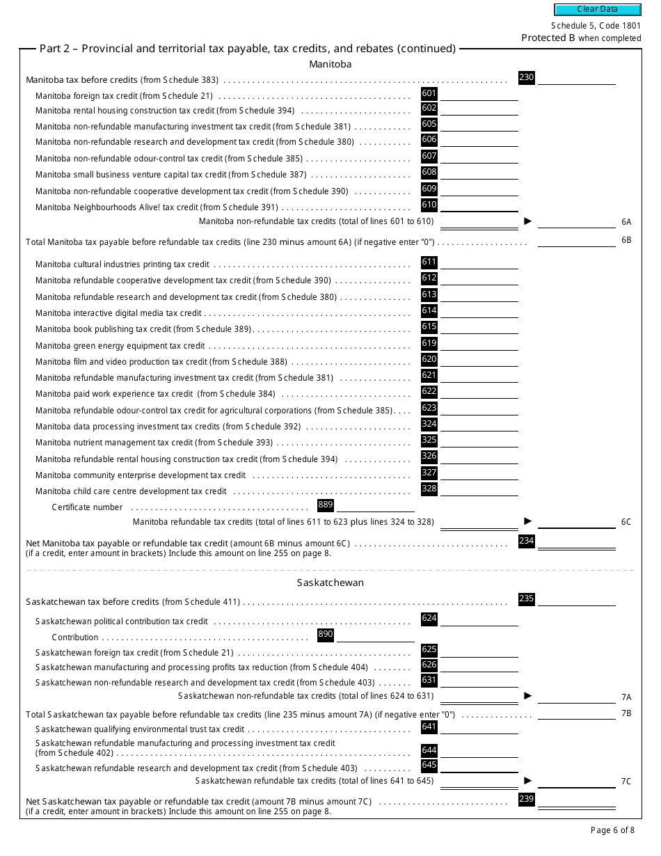 Form T2 Schedule 5 Tax Calculation Supplementary - Corporations (2018 and Later Tax Years) - Canada, Page 6