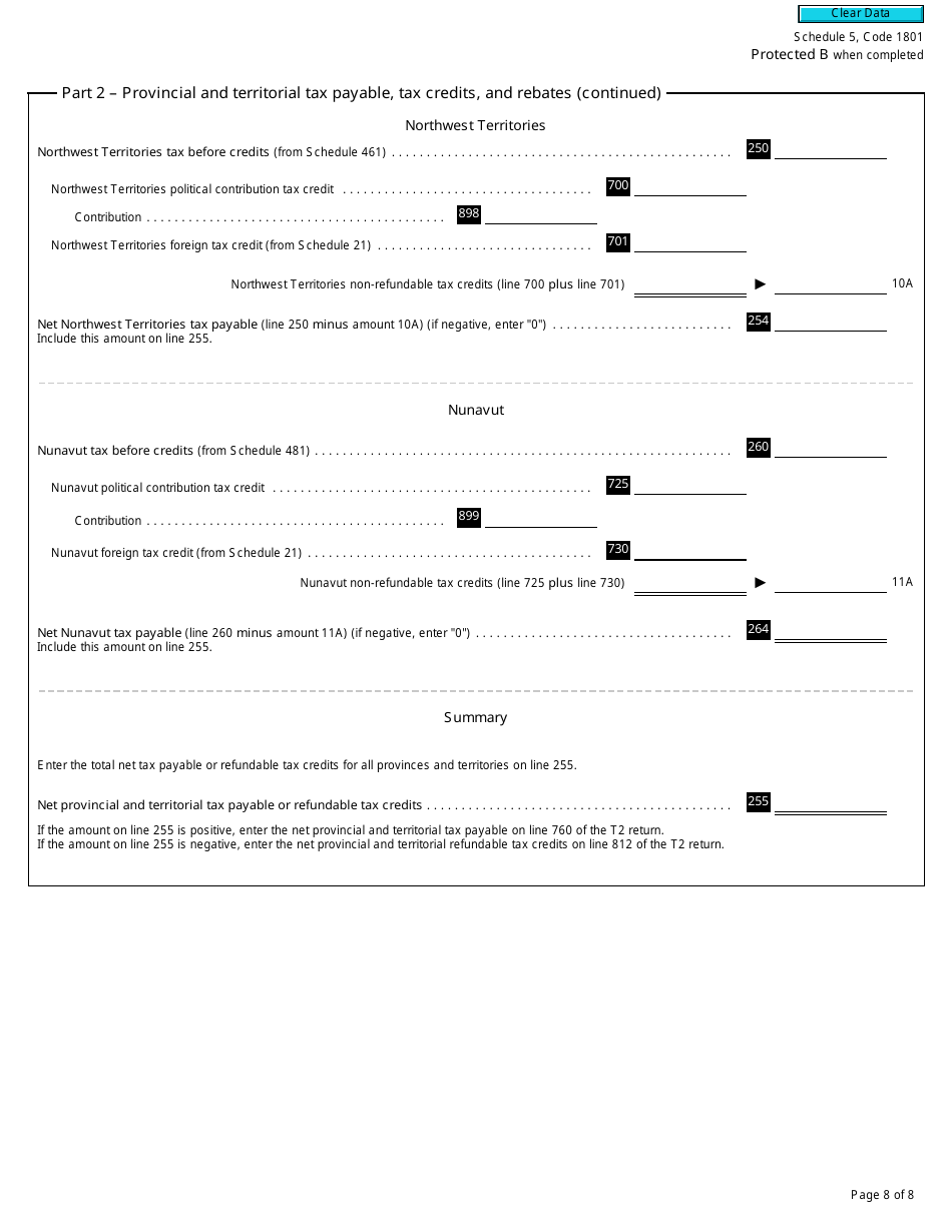 Form T2 Schedule 5 Tax Calculation Supplementary - Corporations (2018 and Later Tax Years) - Canada, Page 8