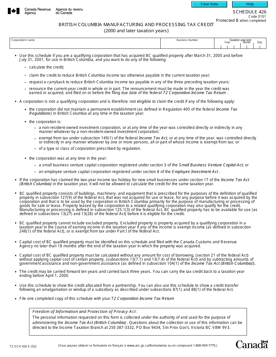 Form T2 Schedule 426 British Columbia Manufacturing and Processing Tax Credit (2000 and Later Taxation Years) - Canada, Page 1