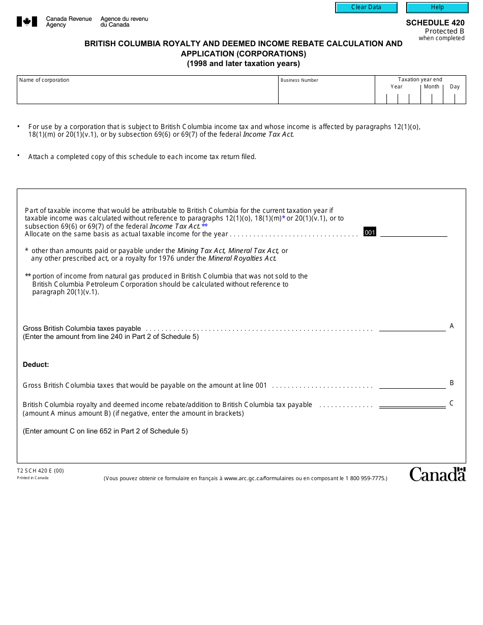 Form T2 Schedule 420 British Columbia Royalty and Deemed Income Rebate Calculation and Application (Corporations) (1998 and Later Taxation Years) - Canada, Page 1