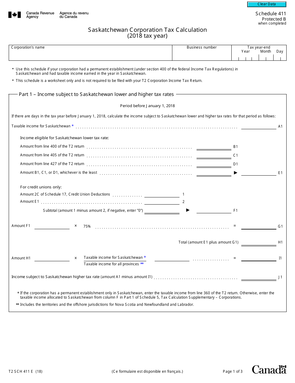 Form T2 Schedule 411 Saskatchewan Corporation Tax Calculation (2018 Tax Year) - Canada, Page 1