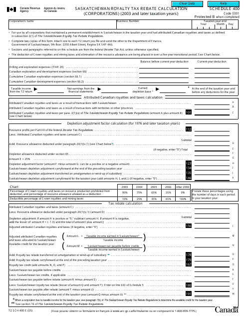 Form T2 Schedule 400 Saskatchewan Royalty Tax Rebate Calculation (Corporations) (2003 and Later Taxation Years) - Canada