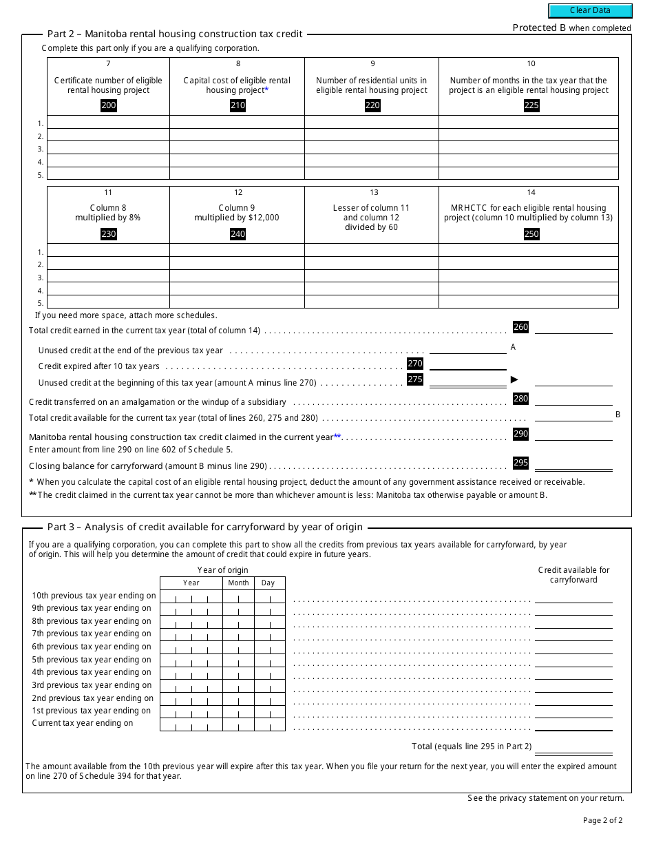 Form T2 Schedule 394 Manitoba Rental Housing Construction Tax Credit (2013 and Later Tax Years) - Canada, Page 2