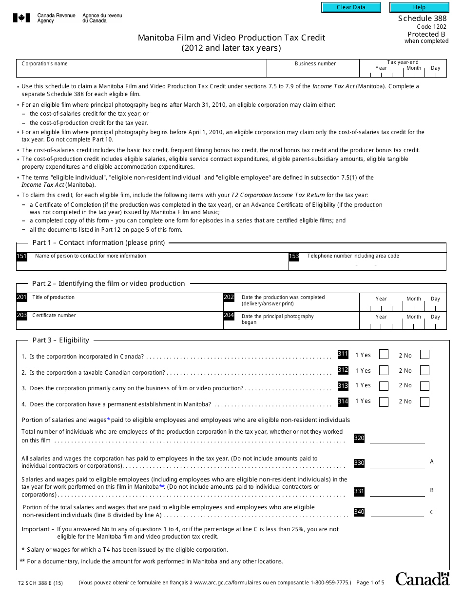 Form T2 Schedule 388 Download Fillable PDF or Fill Online Manitoba Film ...