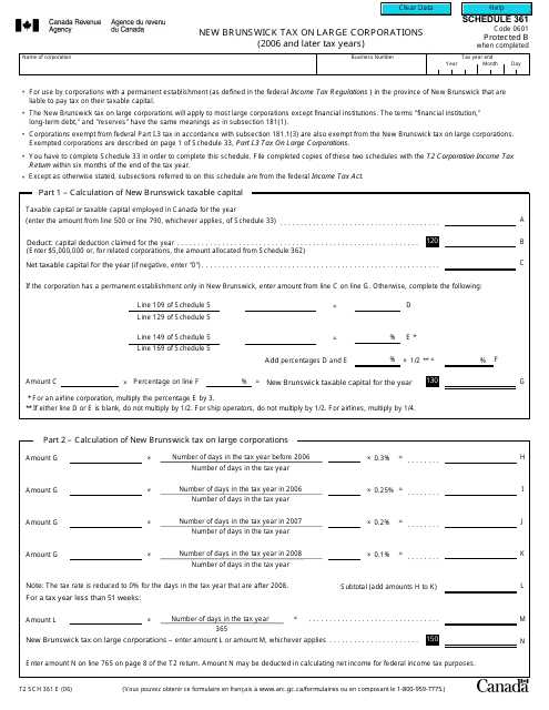 Form T2 Schedule 361 New Brunswick Tax on Large Corporations (2006 and Later Tax Years) - Canada