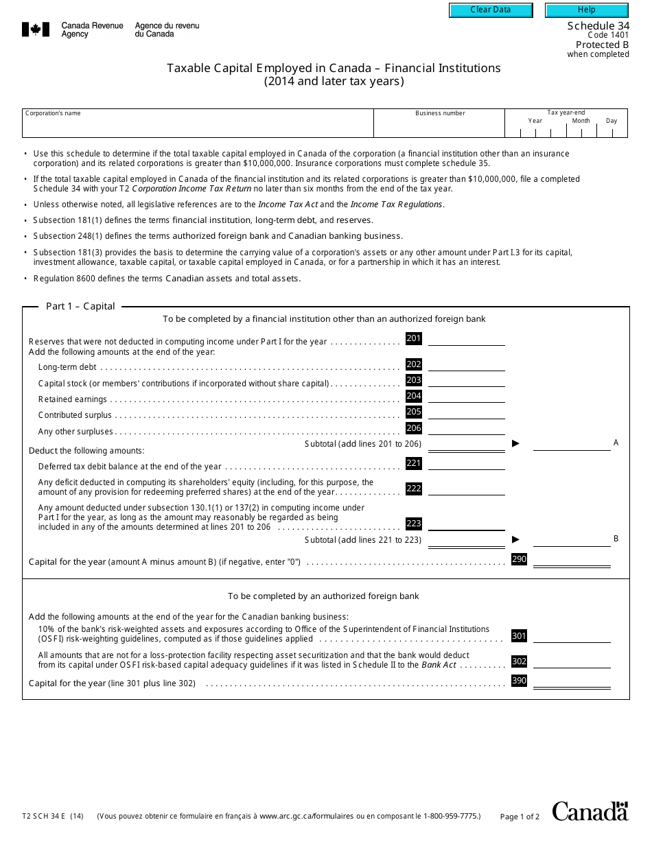 Form T2 Schedule 34 Taxable Capital Employed in Canada - Financial Institutions (2014 and Later Tax Years) - Canada, Page 1