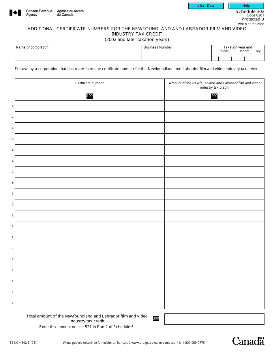Form T2 Schedule 302 Additional Certificate Numbers for the Newfoundland and Labrador Film and Video Industry Tax Credit (2002 and Later Taxation Years) - Canada, Page 1