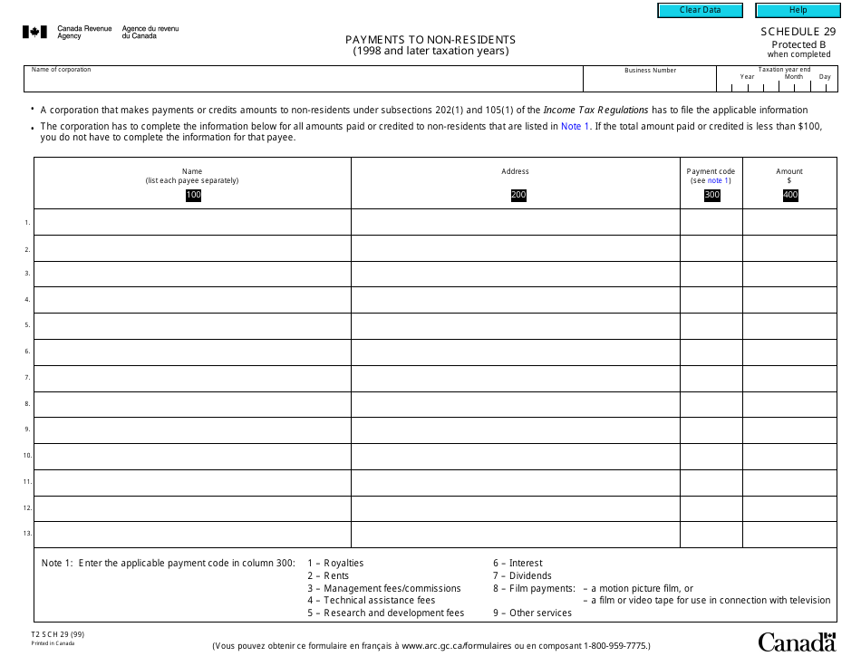 Form T2 Schedule 29 Payments to Non-residents (1998 and Later Taxation Years) - Canada, Page 1