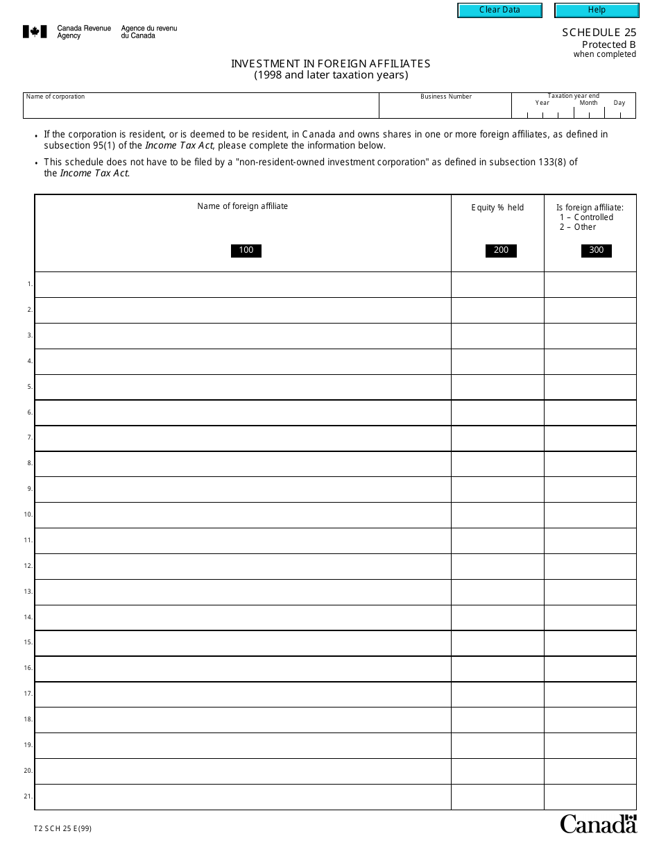 Form T2 Schedule 25 Investment in Foreign Affiliates (1998 and Later Taxation Years) - Canada, Page 1