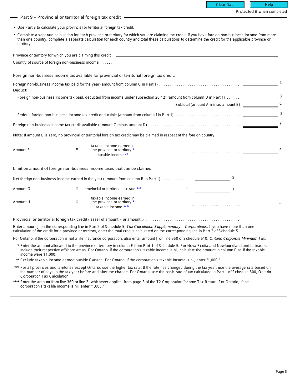 Form T2 Schedule 21 Federal and Provincial or Territorial Foreign Income Tax Credits and Federal Logging Tax Credit (2010 and Later Tax Years) - Canada, Page 5