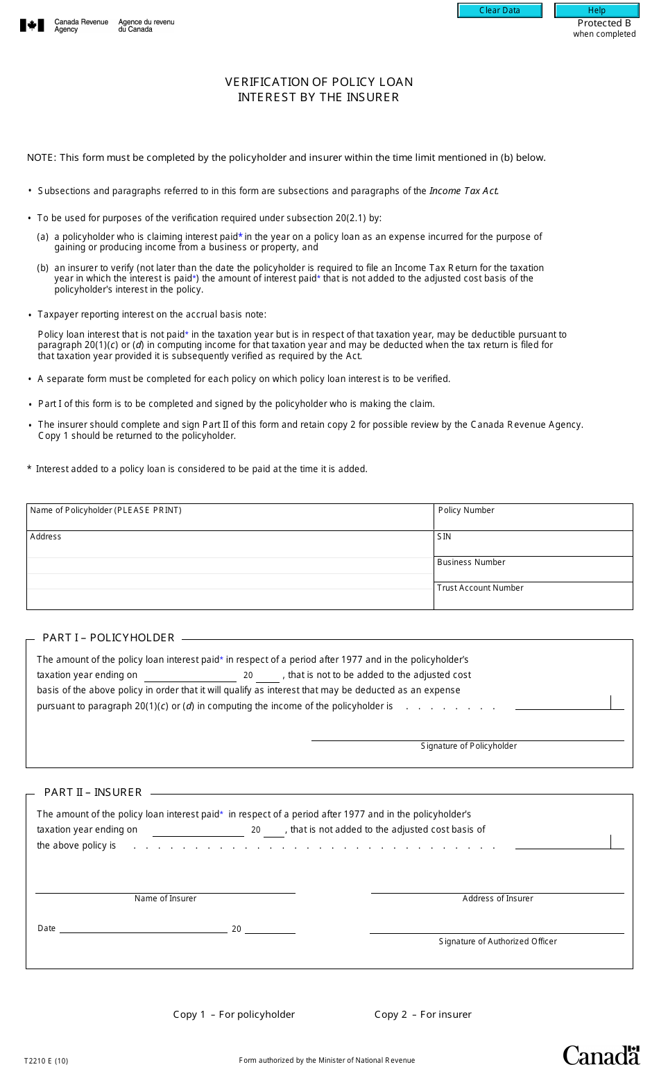 Form T2210 Verification of Policy Loan Interest by the Insurer - Canada, Page 1
