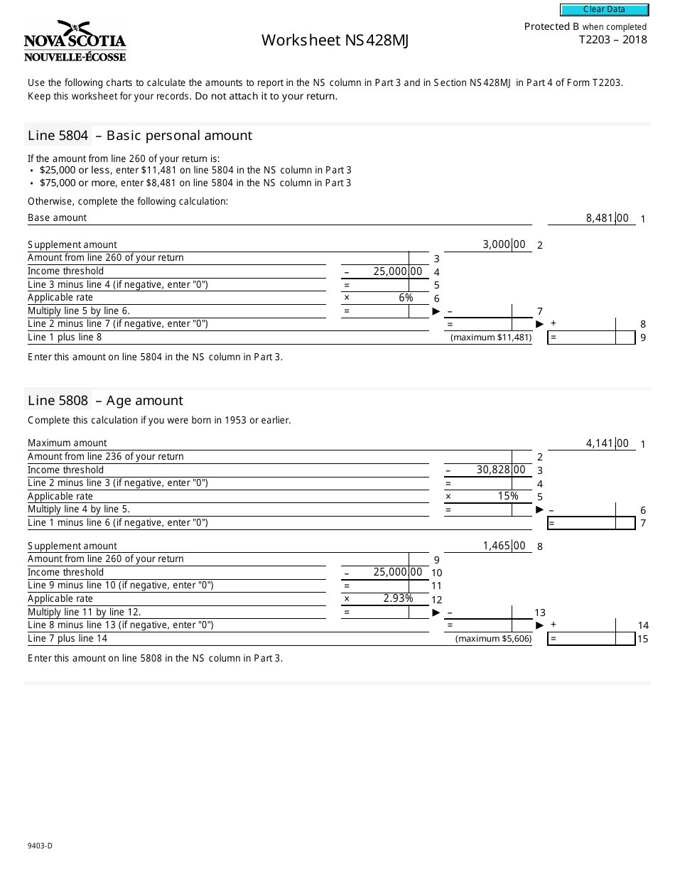 Form T2203 (9403-D) Worksheet Ns428mj - Canada, Page 1
