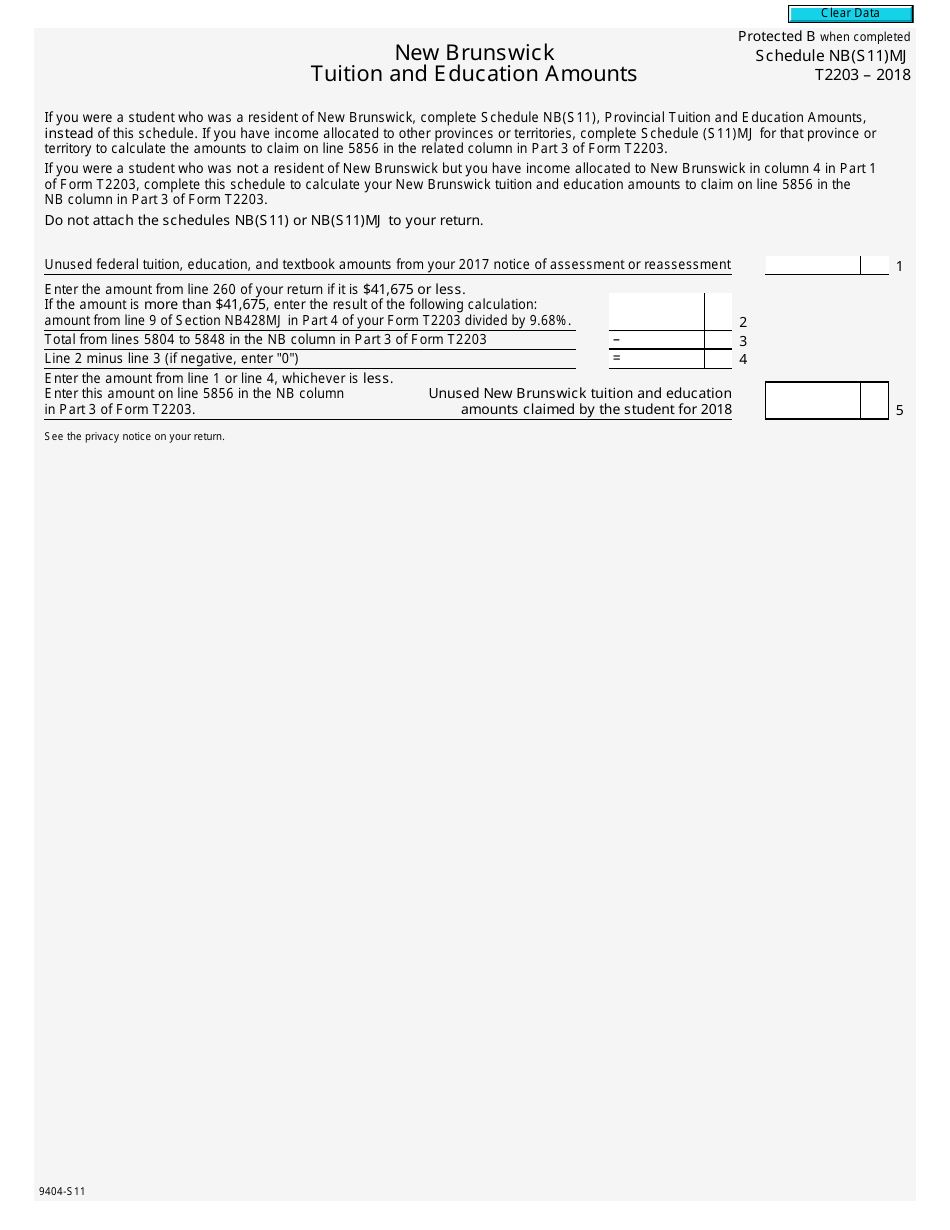 Form T2203 Schedule NB(S11)MJ New Brunswick Tuition and Education Amounts - Canada, Page 1