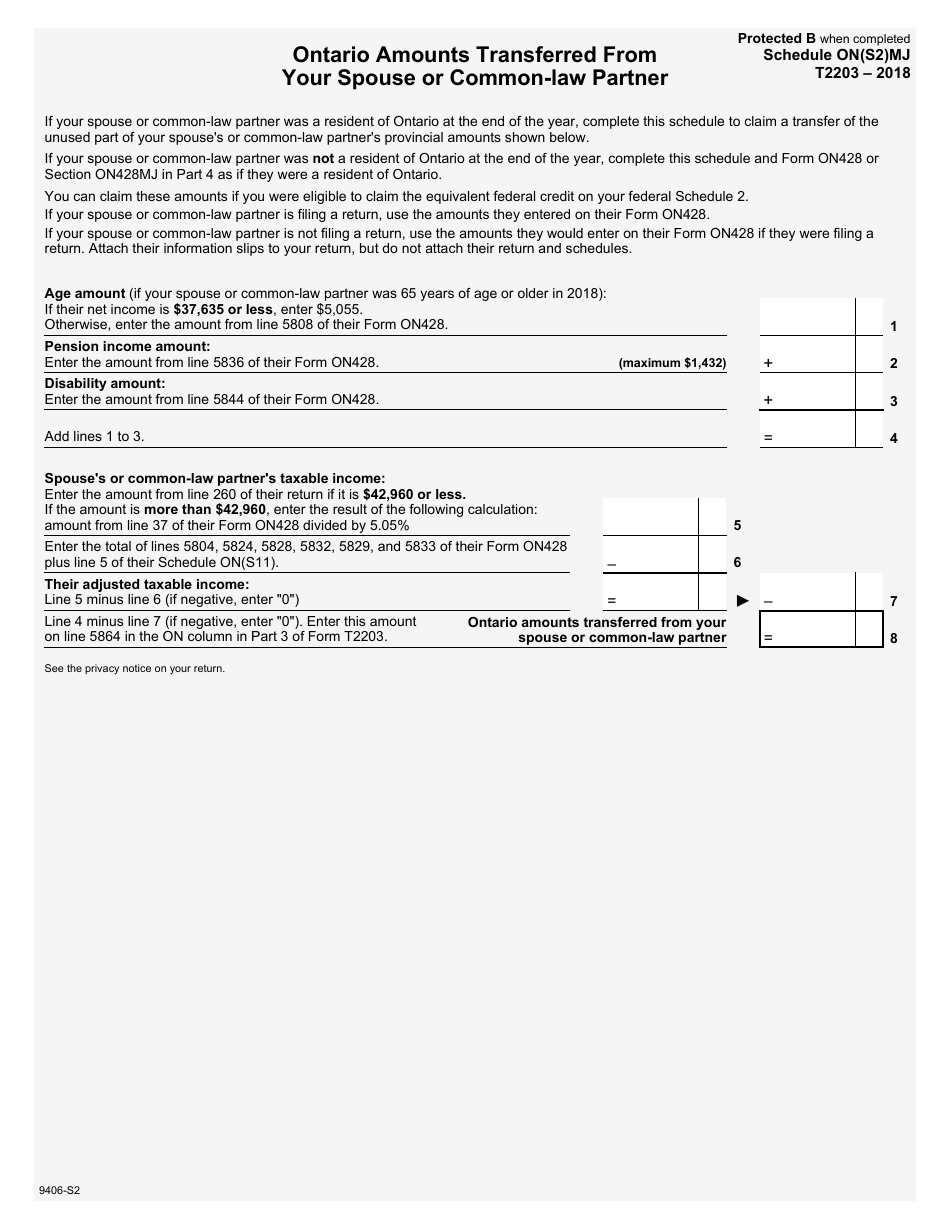 Form T2203 Schedule ON(S2)MJ Ontario Amounts Transferred From Your Spouse or Common-Law Partner - Canada, Page 1