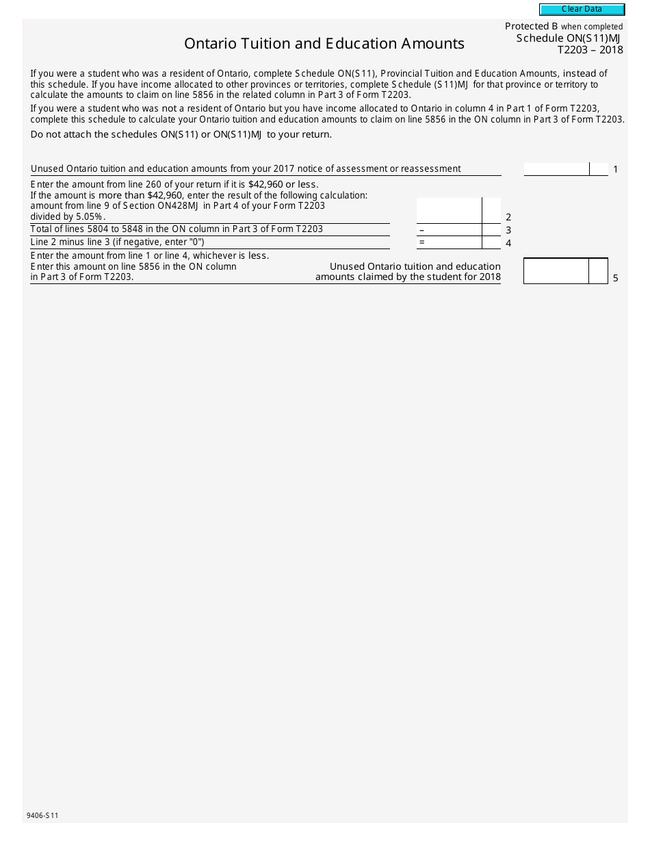 Form T2203 (9406-S11) Schedule ON(S11)MJ Ontario Tuition and Education Amounts - Canada, Page 1