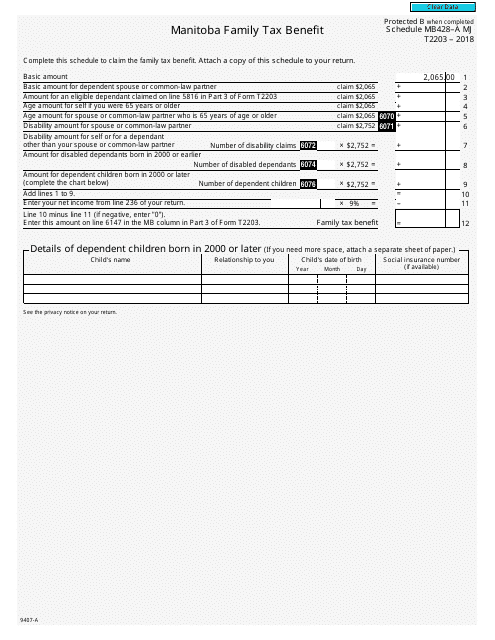 Form T2203 (9407-A) Schedule MB428-A MJ 2018 Printable Pdf